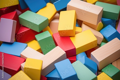 a toddlers colorful wooden blocks scattered