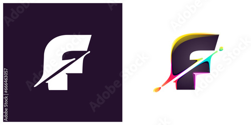 F letter logo letter with cyber distortion, color shift effect. Multicolor gradient type. Neon glitch illusion icon. Colorful font for futuristic tech heading, video game screen, vibrant gambling art.