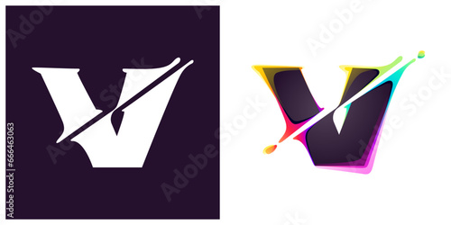 V letter logo letter with cyber distortion, color shift effect. Double exposure font. Neon glitch illusion icon. Colorful type for futuristic tech heading, music poster, vibrant sale banner.