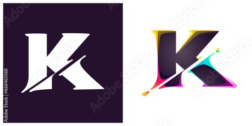 K letter logo letter with cyber distortion, color shift effect. Multicolor gradient type. Neon glitch illusion icon. Colorful font for futuristic tech heading, video game screen, vibrant gambling art.