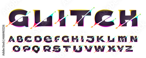 Alphabet set with cyber distortion, color shift effect. Multicolor gradient font. Neon glitch illusion icon. Colorful type for futuristic tech heading, video game screen, vibrant gambling art.