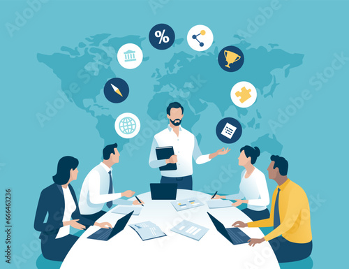 Tre leader, the team and rotating business icons. Business strategy education. Meeting, presentation. Vector illustration. 