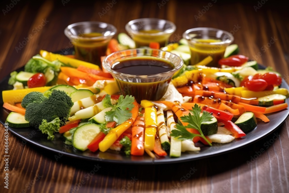 drip a sauce over mixed vegetable crudities on a platter drip a sauce over mixed vegetable crudities on a platter