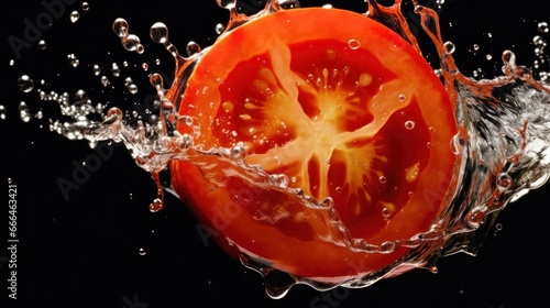 Tomato in water splash, isolated on black background. Close up. Healthy food concept. Isolated on a background with a copy space.