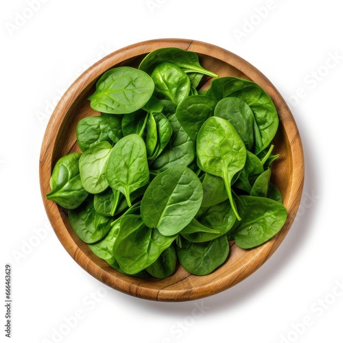 Fresh spinach leaves in bowl on rustic wooden table,Generative Ai