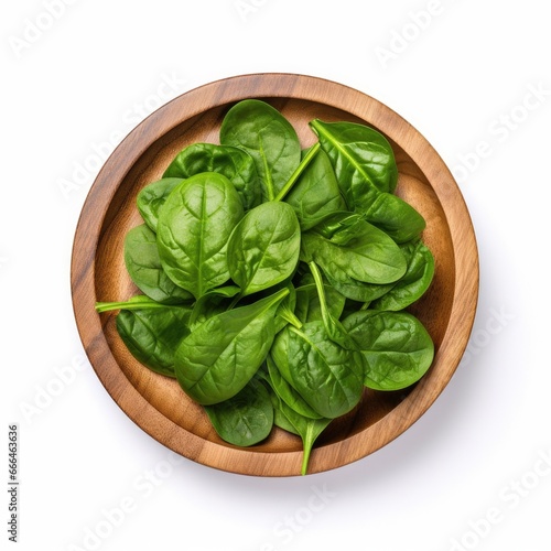 Fresh spinach leaves in bowl on rustic wooden table,Generative Ai