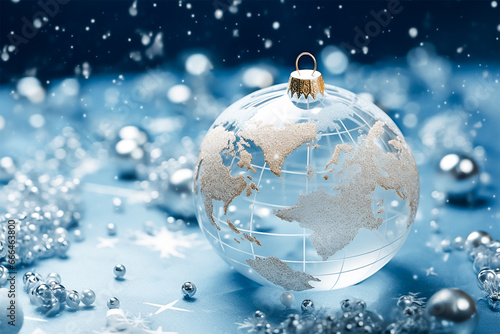 Christmas ball as world map decorated with sparkling silver ball, snowflake and shiny light background.