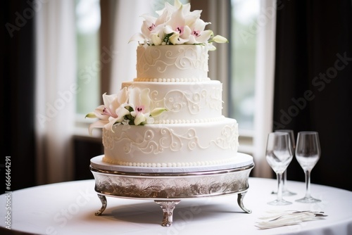 a three-tier white wedding cake on a silver stand