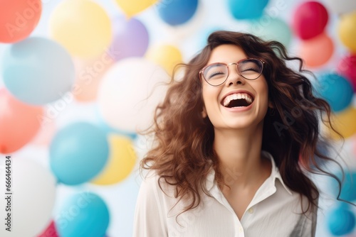 Joyful Celebration: Young woman laughing heartily with colorful balloons - AI Generated photo