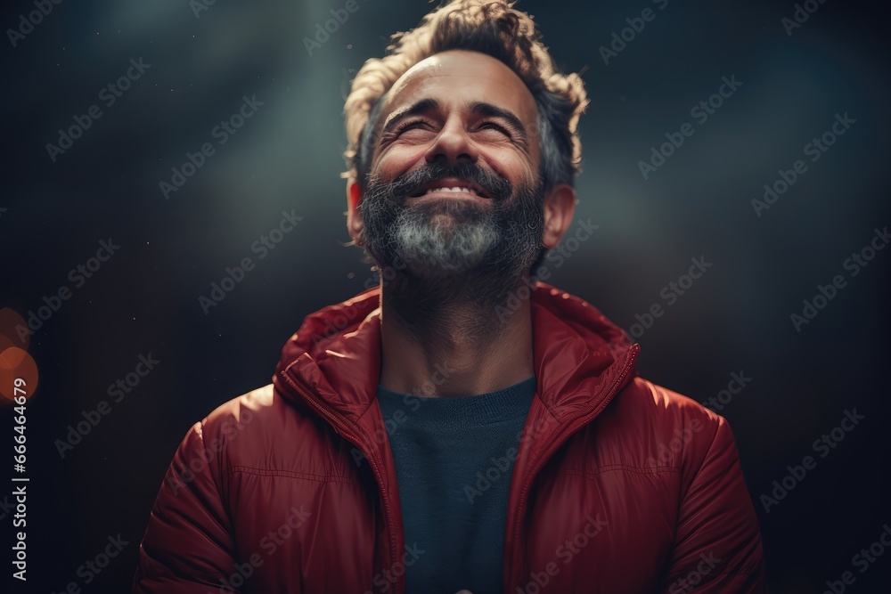 Heartwarming Gratitude: Man looking upwards with a tearful smile - AI Generated - obrazy, fototapety, plakaty 