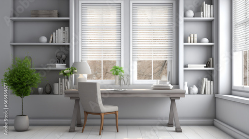 Interior of gray home office with loft windows book