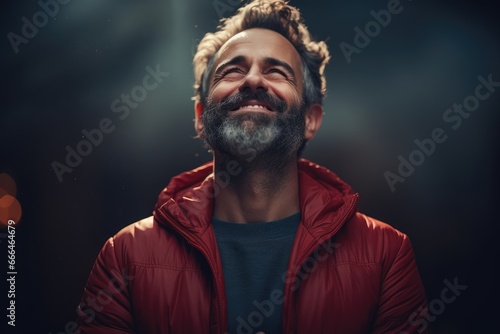 Heartwarming Gratitude: Man looking upwards with a tearful smile - AI Generated