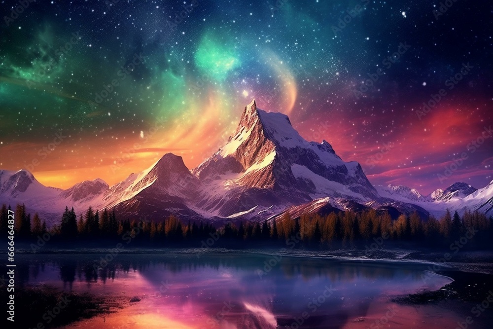 A breathtaking view of sunrise over majestic mountains with a starry sky and mesmerizing Northern Lights. Generative AI