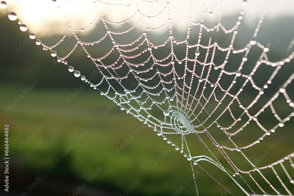 a close-up of dew on a spider web in the early morning