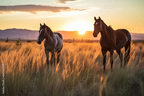 wild horses grazing in a meadow at sunrise