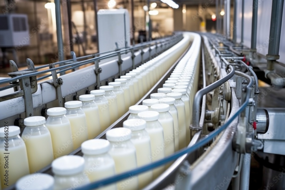 high-angle shot of conveyor belts carrying sealed milk bottles high-angle shot of conveyor belts carrying sealed milk bottles