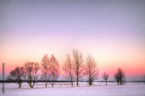 Landscape winter frosty sunny day, blue sky, sundown snow, Poland Europe  © Marcin Perkowski