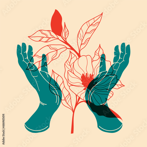 Flowers in hands. Vector illustration in a minimalist style  with Riso print effect. Design element for advertising, posters, prints for clothing, banners, covers