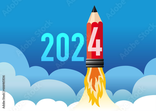 Illustration d’une fusée en forme de crayon qui décolle en symbolisant l’énergie d’une jeune entreprise voulant réussir et atteindre ses objectifs pour l’année 2024.