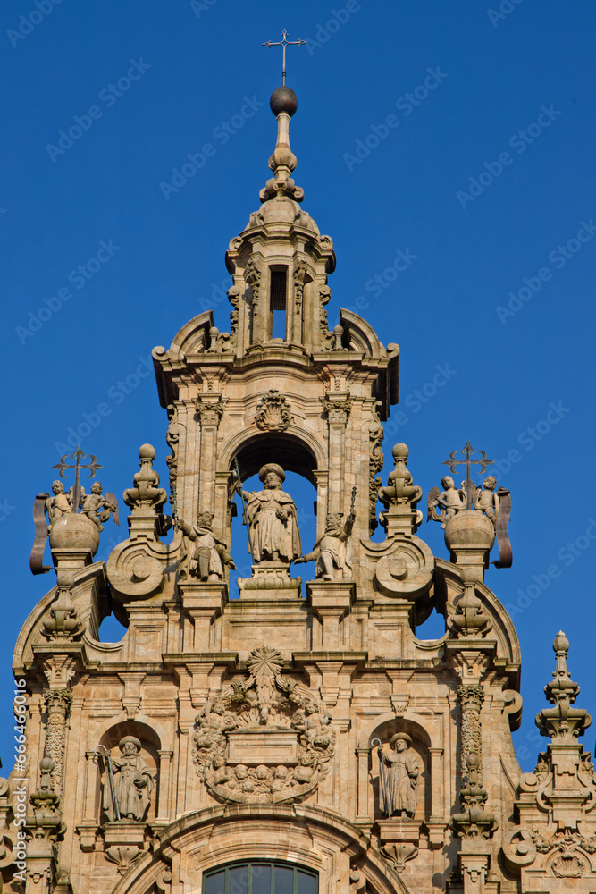 Santiago de Compostela Basilica facade top details. This integral component of the World Heritage Site is reputed burial place of Saint James the Great, apostle 