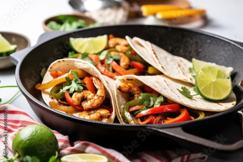 shrimp fajitas in a pan with lime wedges