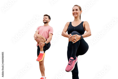 Fotografie Warm-up interval training happy smiling woman and man in sportswear people exercise together