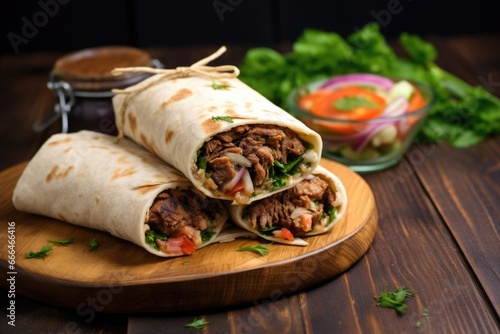 fresh shawarma wrap placed on a textured wooden table