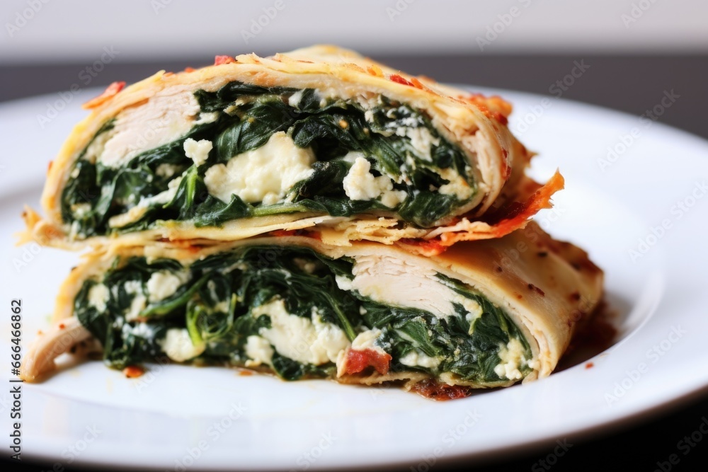 thinly sliced chicken with spinach and feta filling