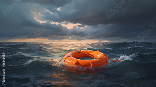 Orange life belt floating in the stormy ocean