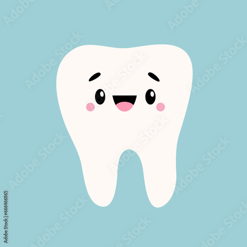 White smiling tooth icon. Healthy teeth. Cute cartoon kawaii funny face baby character. Eyes, cheeks, brows. Oral dental hygiene. Children teeth care. Flat design. Blue background.