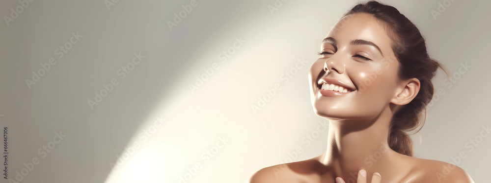 Close up portrait of a beautiful young woman on a light gray background. Natural Beauties with fresh and clean skin for glowing healthy skin care promotion, with copy space - obrazy, fototapety, plakaty 