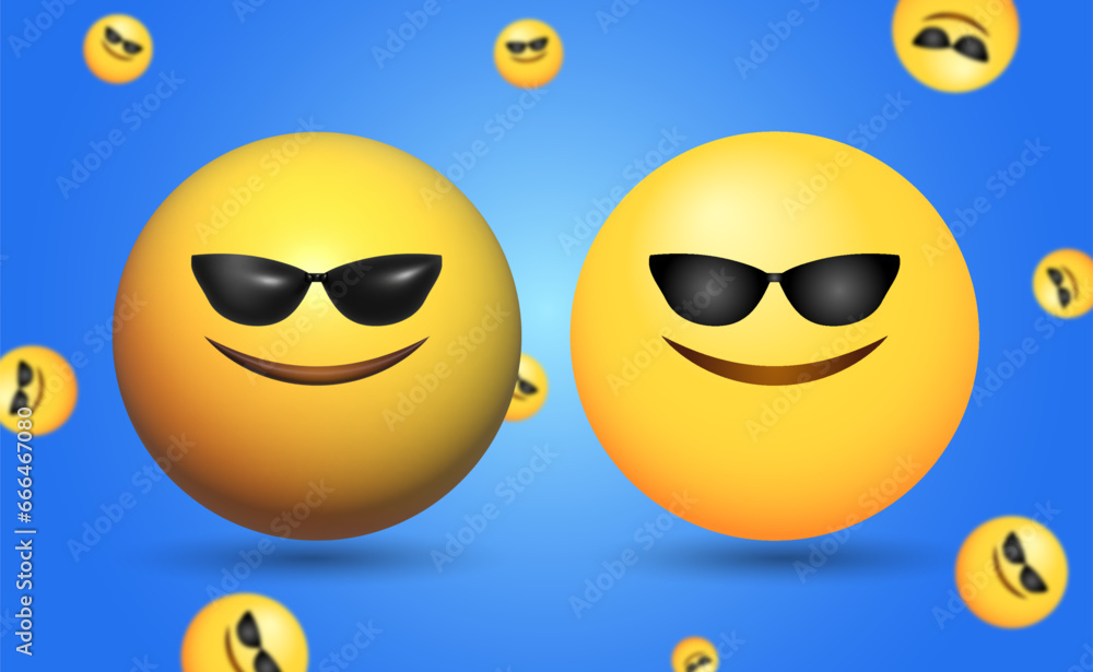 Fototapeta premium 2D and 3D Vector Smiling Face With Sunglasses Emoji Illustration