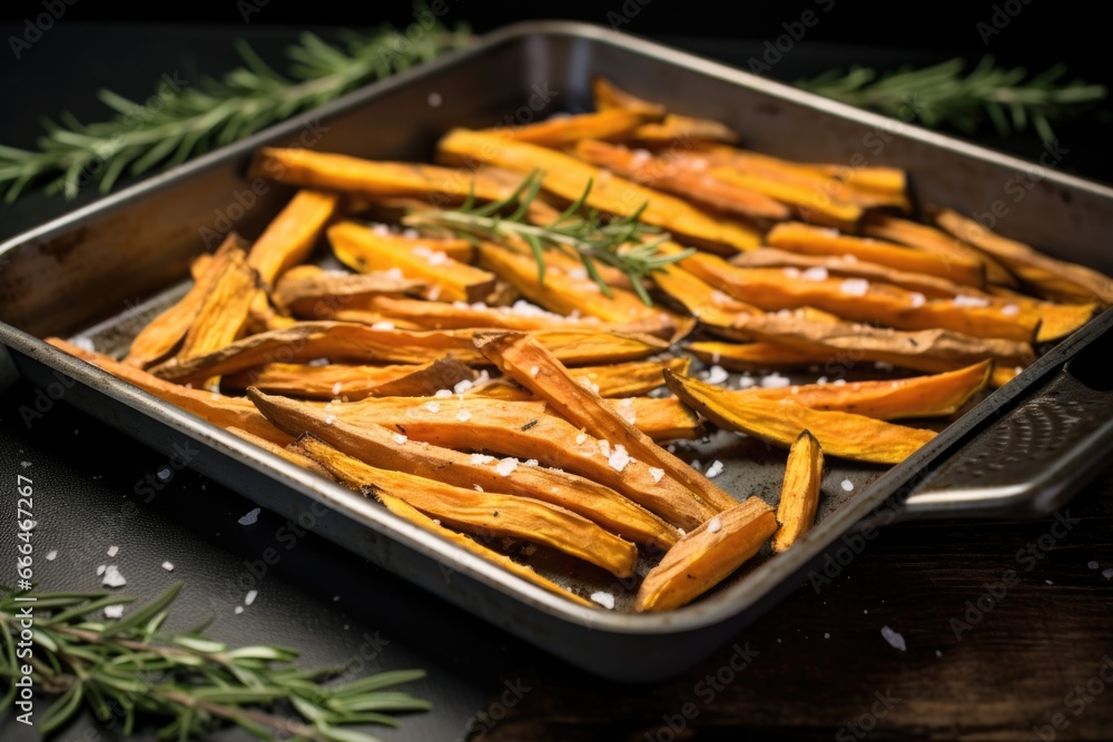 sweet potato fries sprinkled with rosemary on a metal tray