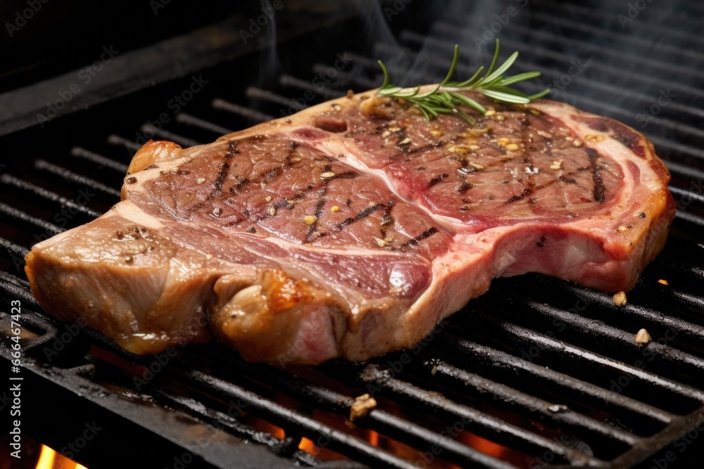 detail shot of t-bone steak sizzling on a grill pan