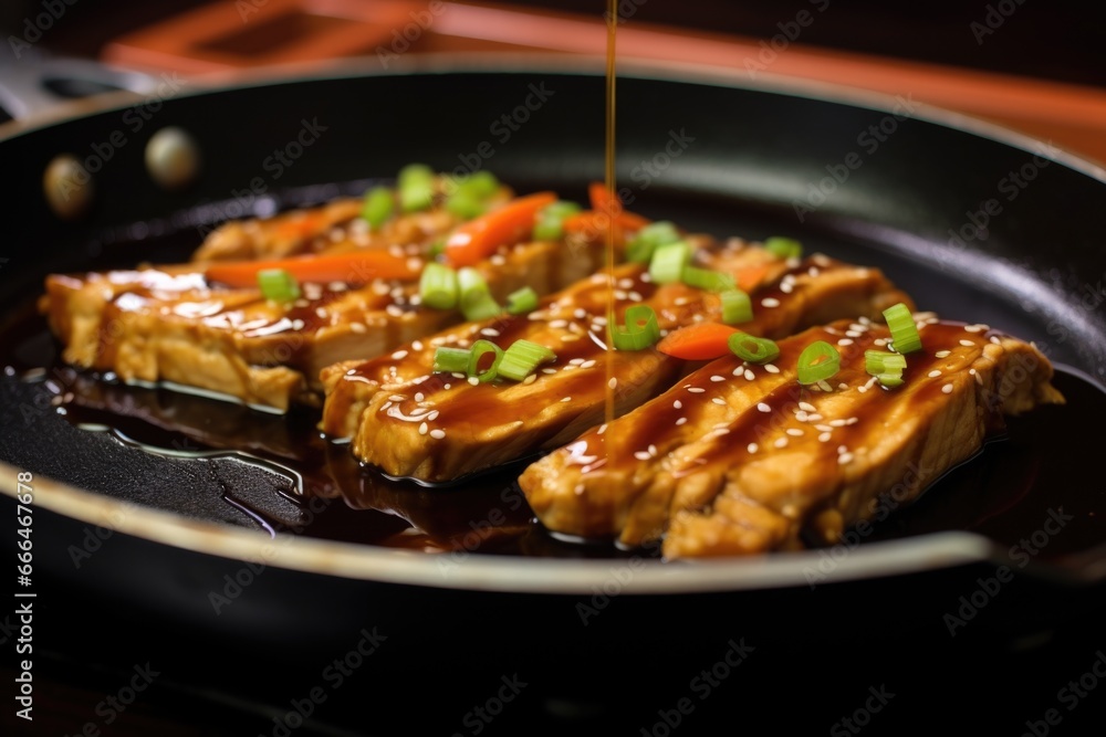 close-up of simmering teriyaki sauce on tofu steak close-up of simmering teriyaki sauce on tofu steak