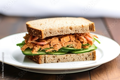 close-up of a tempeh sandwich on a white plate