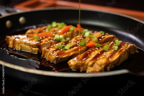 close-up of simmering teriyaki sauce on tofu steak