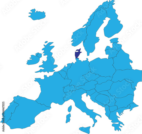 Dark blue CMYK national map of DENMARK inside simplified blue blank political map of European continent on transparent background using Peters projection