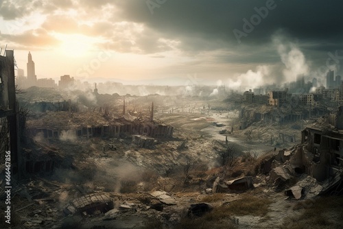 A ruined cityscape after an apocalypse portrays a war-ravaged atmosphere. Generative AI