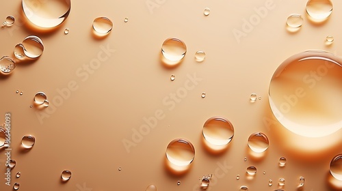 Round drops of transparent serum gel on beige background. photo
