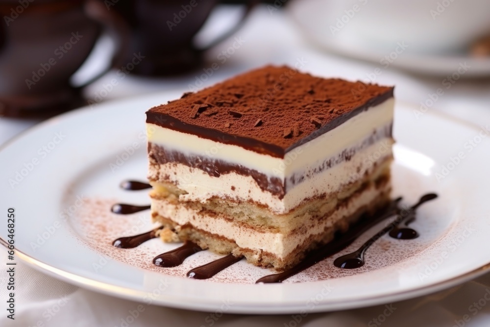 close-up of a layered tiramisu dessert on a white plate close-up of a layered tiramisu dessert on a white plate