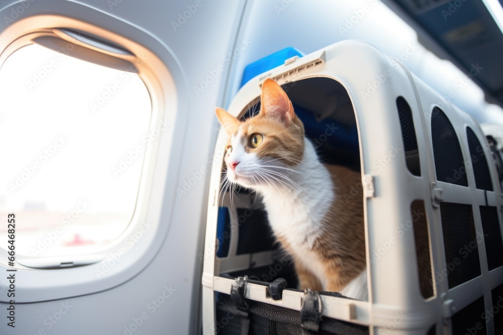 Obraz na płótnie a cat sitting inside an airplane pet carrier w salonie