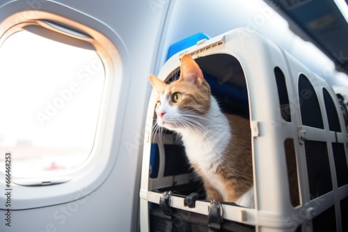 a cat sitting inside an airplane pet carrier photo