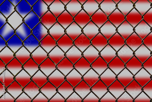 A steel mesh against the background of the flag Liberia.