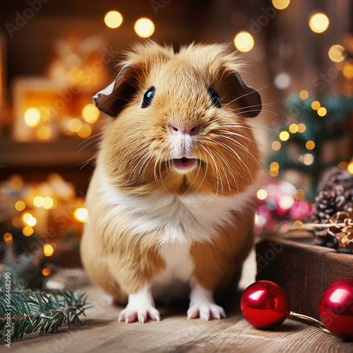Funny cavy on floor with Christmas decoration at festive holiday bokeh