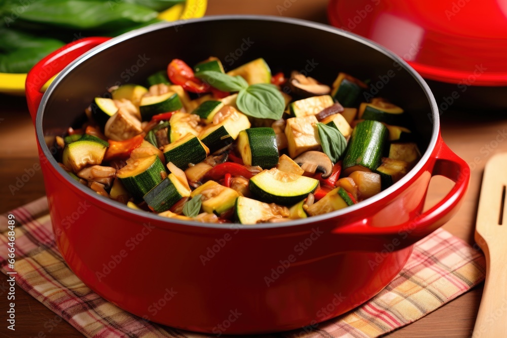 tofu stir-fry with zucchini and mushrooms in a red pot tofu stir-fry with zucchini and mushrooms in a red pot