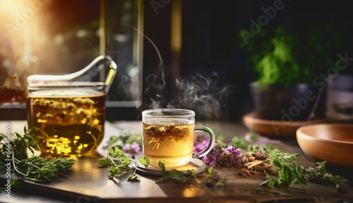 Class cup of herbal tea on rustic table with fresh herbs and flowers, backlit. Still life