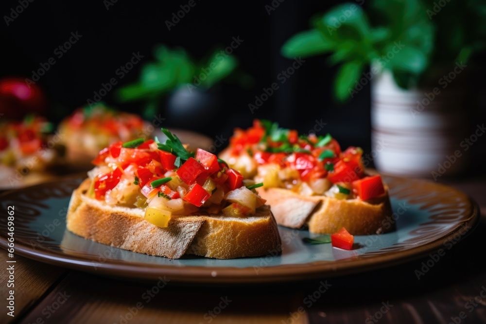 vegan bruschetta with hearts of palm and fresh pepper topping vegan bruschetta with hearts of palm and fresh pepper topping