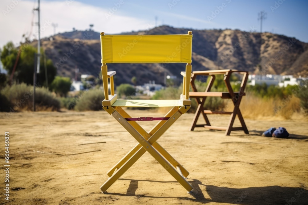 shot of directors chair with movie set in background - obrazy, fototapety, plakaty 