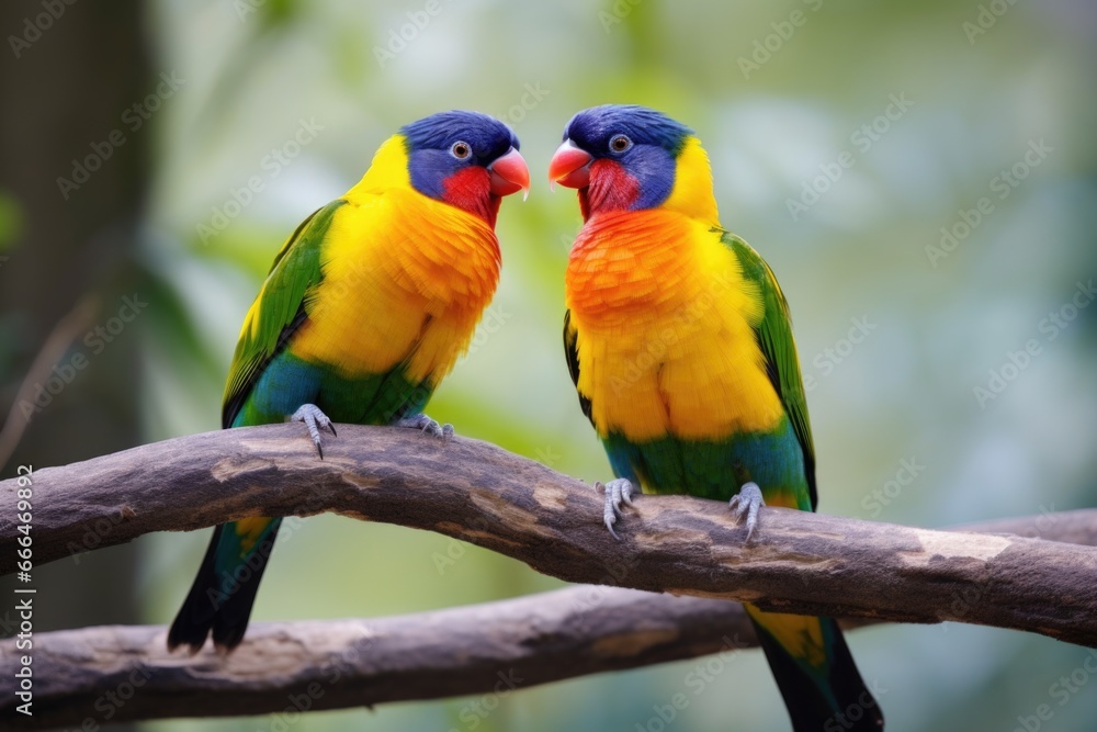 a pair of colorful birds perched on branch
